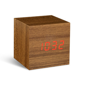 Gingko - Click Clock Cube, teak / LED red
